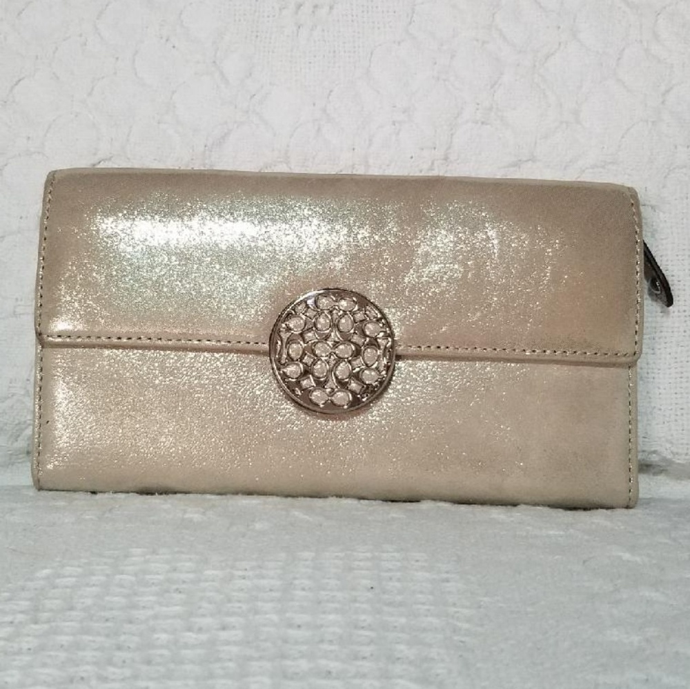 COACH Shimmer Taupe Leather Soft Trifold Wallet